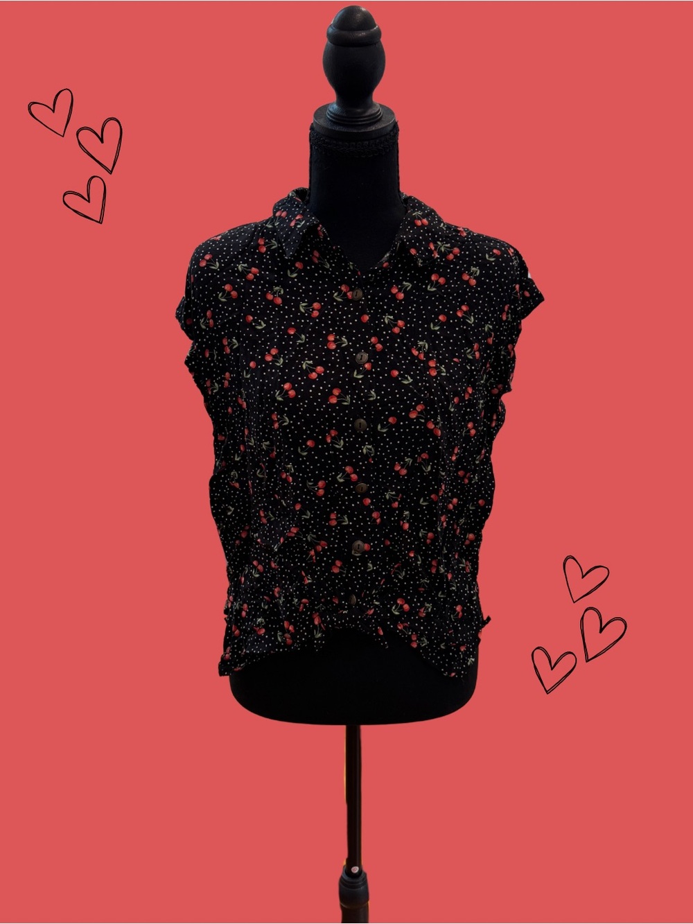 No Boundaries Black Cap-Sleeve Button-Front Cherry Print Top